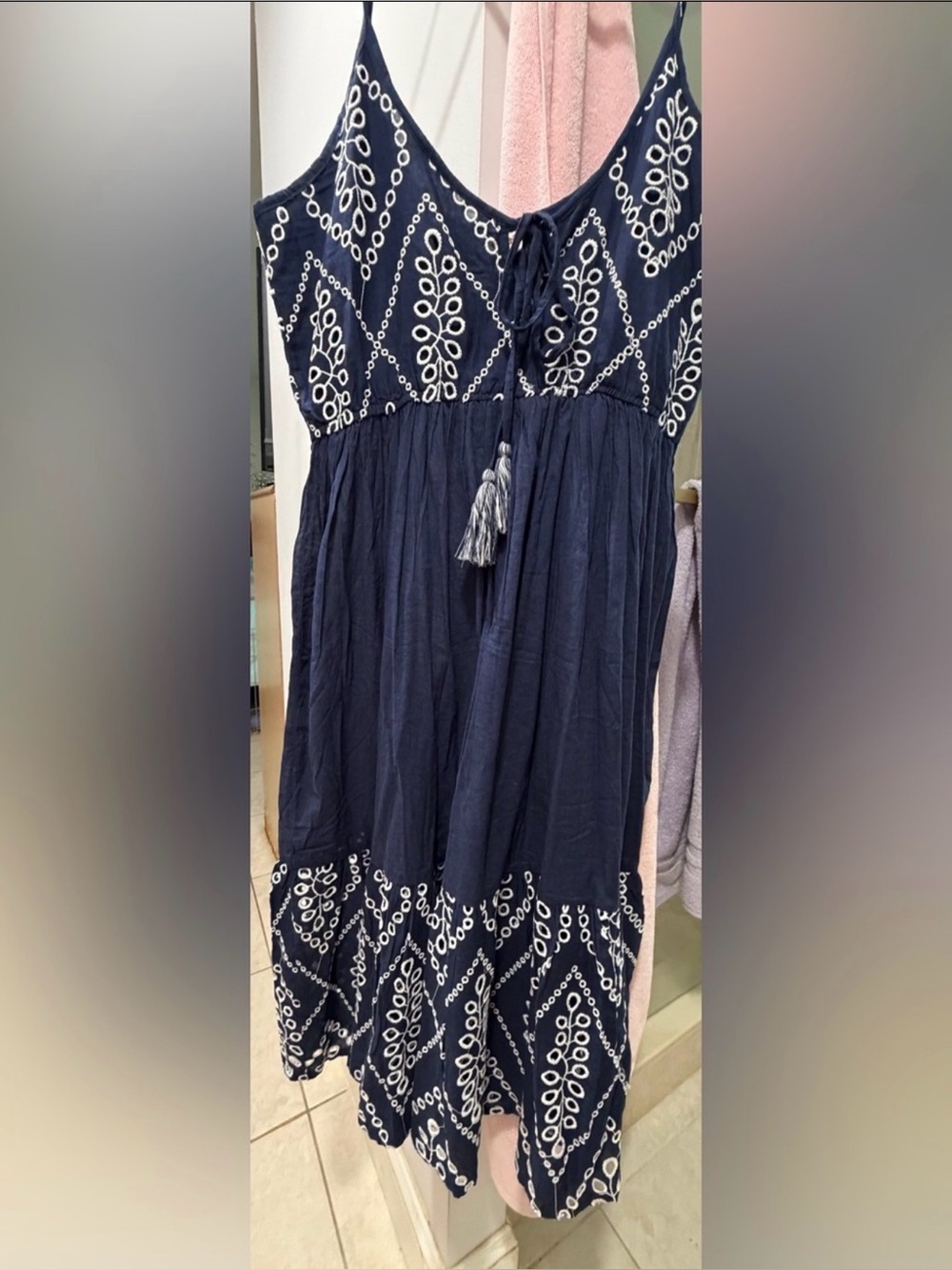Navy Embroidered eyelet Sleeveless Midi Dress